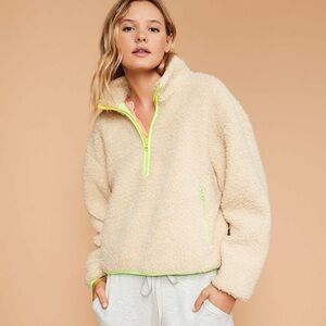NWT Lou & Grey Tan/Fluorescent Green crop Neck 1/2 Zip Teddy Sherpa Jacket (XXL)